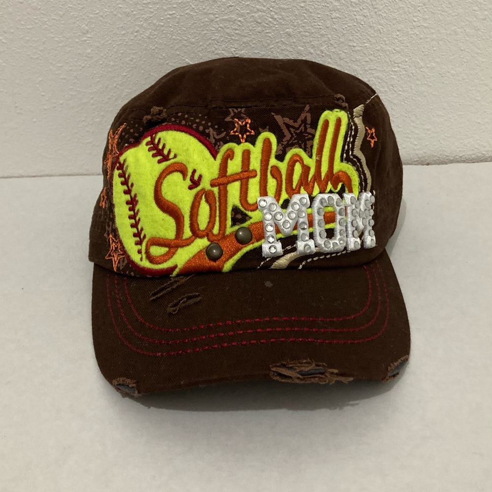 Women's Rustic Embroidered Brown Neon Yellow Softball Mom Bling Adjustable Hat
